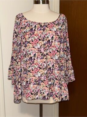 Ing Floral Scoop-Neck Peasant Blouse in Pink, Purple & Cream